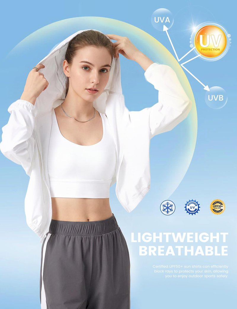 Wyeysyt Women's UPF 50+ UV Sun Protection Cropped Jackets Athletic Running Workout Shirts Zip Up Hoodie Outdoor Jackets(White-M)