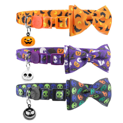 PUPTECK Halloween Bow Tie Cat Collar with Bell - Breakaway Safety 3-Pack, Adjustable Bowtie Kitten Collars for Boy & Girl Cats, Puppies, Bunnies and Small Pets, Cute Costume Accessory