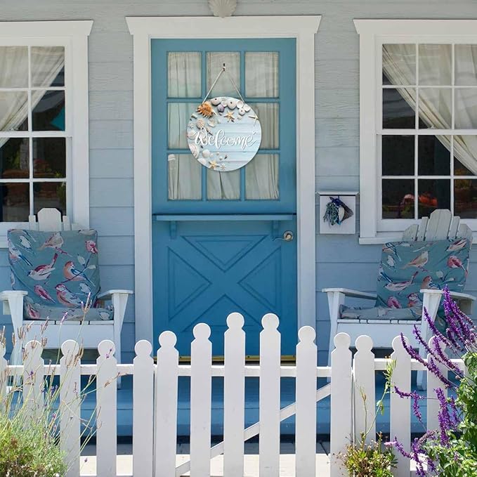 Welcome Porch Wood Sign Seashell Starfish on Blue Wooden Round Hanging Plaque Sign for Porch Yard, Housewarming Present, 12x12inch