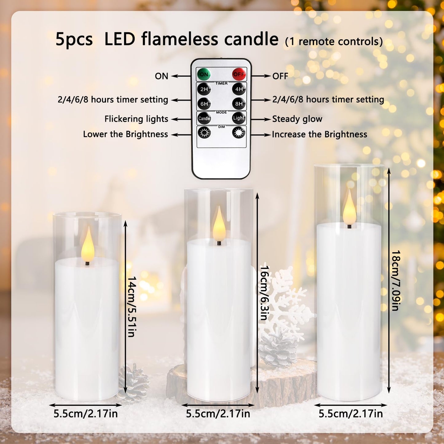 YOROXRG Flameless Candles,Battery Operated LED Candles Ideal for Halloween, Christmas,Home Decor,Home Party Wedding Indoor Outdoor,White 2.2X5“6”6“7”7“H