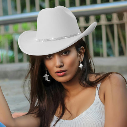 Aswitnove Cowboy Hat Rhinestone Cowgirl Boots Earrings Set Western Earrings Felt Fedora Jazz Hat Rodeo Outfit for Women Boots White