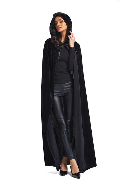 Evlatte Velvet Cloak, Adult Hooded Cloak Velvet Cape Halloween Witch Costume for Men and Women Cosplay Costumes (Black, Large)