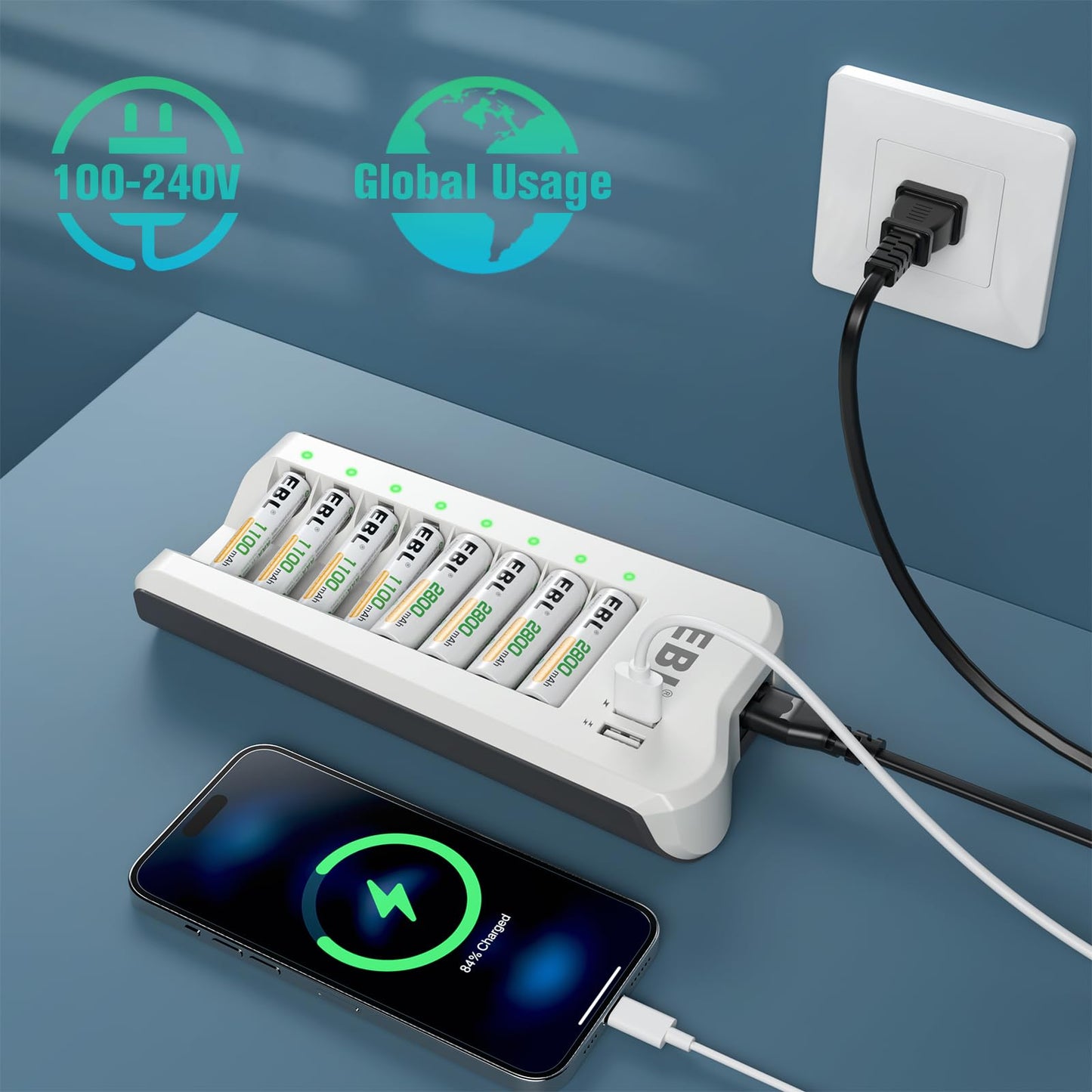 EBL 2300mAh Ni-MH AA Rechargeable Batteries (16 Pack) and Rechargeable AA AAA Battery Charger with 2 USB Charging Ports