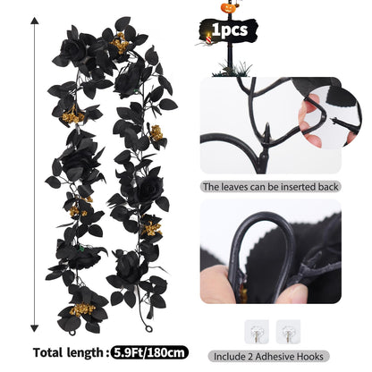 RECUTMS 5.9Ft Black Artificial Roses Flower Garland Fake Halloween Hanging Silk Floral Vines Fall Leaf Wreath for Gothic Halloween Decor Autumn Party Table Centerpiece Home Decor