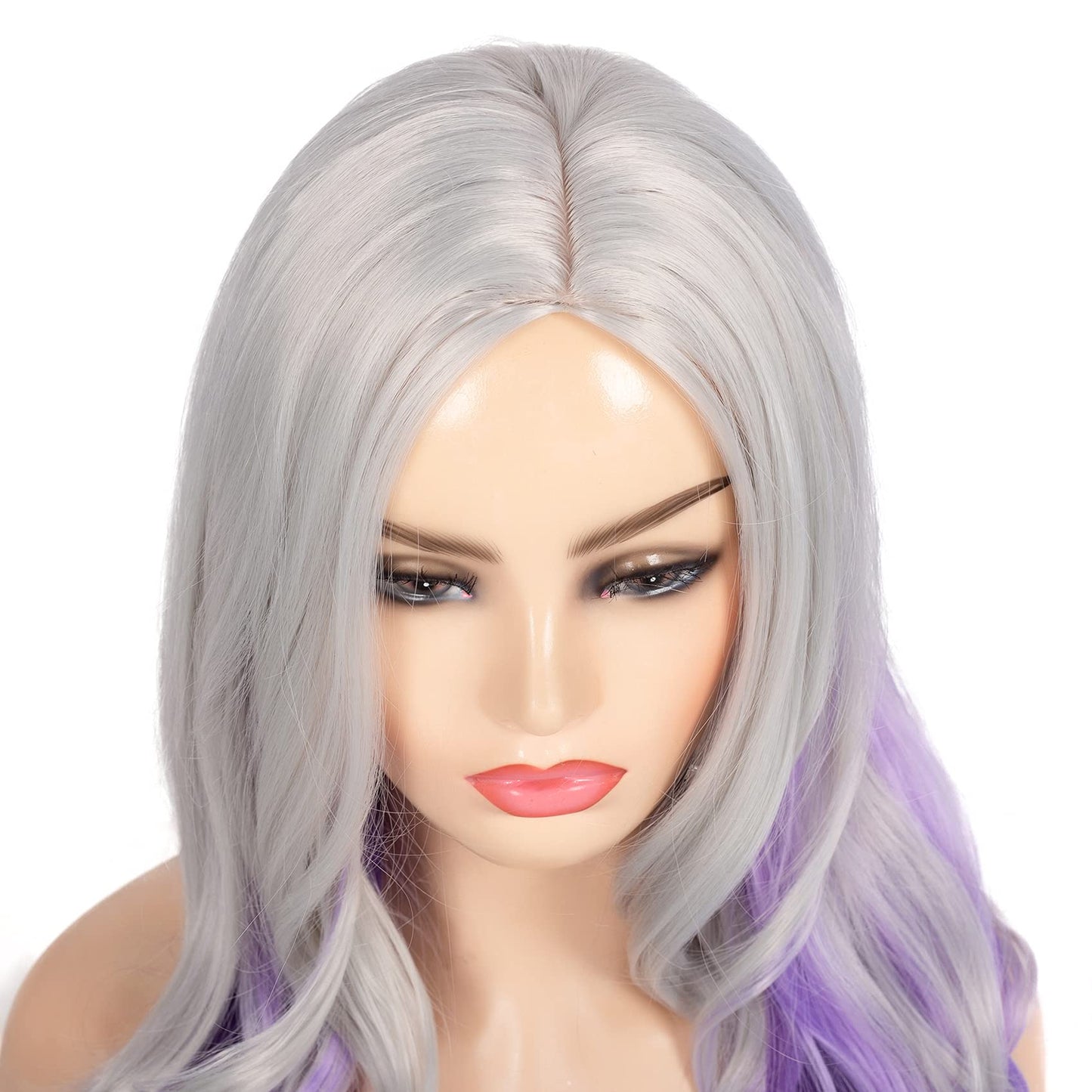 Beweig Long Curly Wavy Silver Grey to Purple Wig Side Part Natural Looking Synthetic Cosplay Wig for Women