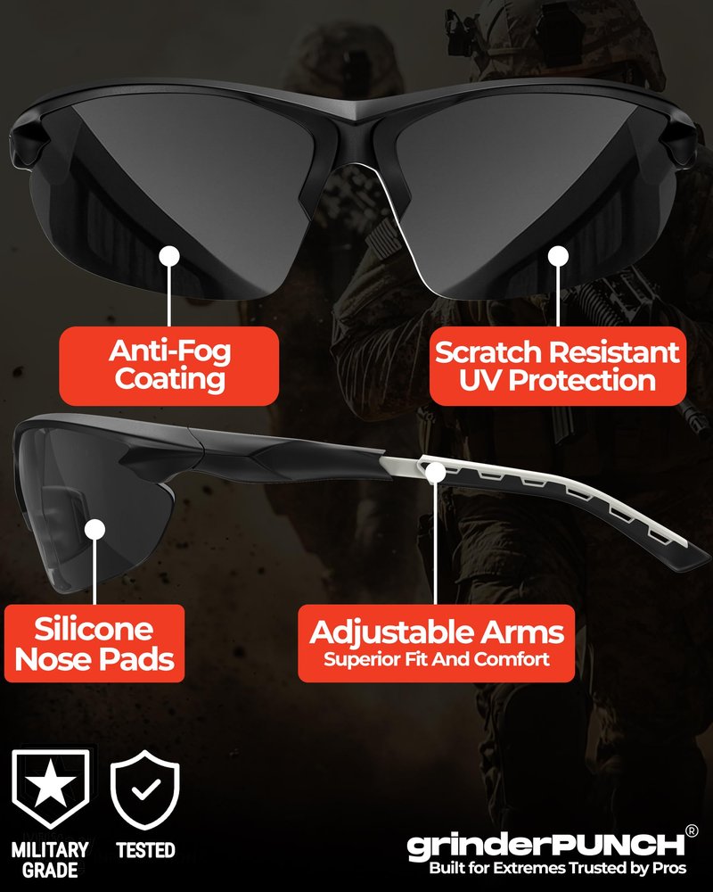 grinderPUNCH Tactical Shooting Glasses Military Grade Impact Resistant Protection 100% UV Lenses ANSI Z87 Safety Glasses (Black)