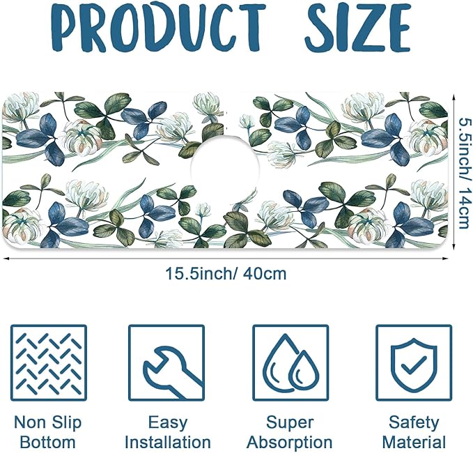 Watercolor Garland Flower Sink Splash Guard Faucet Mat Clover Leaves Super