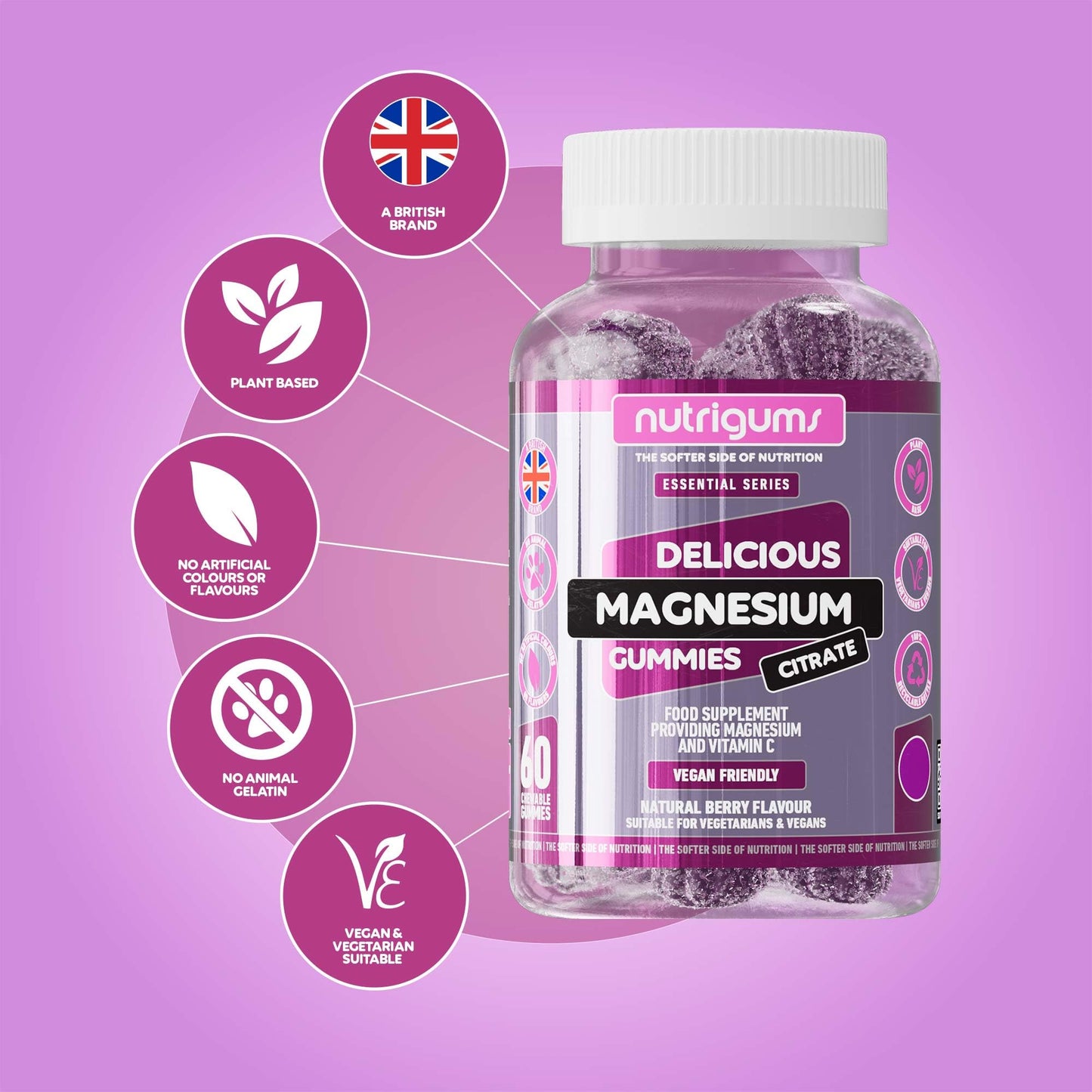 Magnesium Citrate 1250mg & Vitamin C Gummy | High Strength | 150mg of Elemental Magnesium & 80mg Vitamin C | Mixed Berry Flavour | 60 Vegan Gummies | Sleep, Energy & Bone Support by NUTRIGUMS®