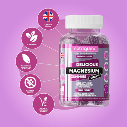 Magnesium Citrate 1250mg & Vitamin C Gummy | High Strength | 150mg of Elemental Magnesium & 80mg Vitamin C | Mixed Berry Flavour | 60 Vegan Gummies | Sleep, Energy & Bone Support by NUTRIGUMS®