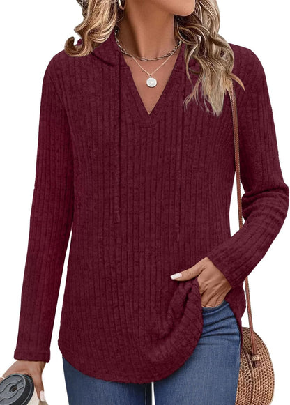 Lylinan Womens Cozy Knit Sweaters Hoodies Ribbed V Neck Pullover Sweatshirts for Fall Outfits S-XXL