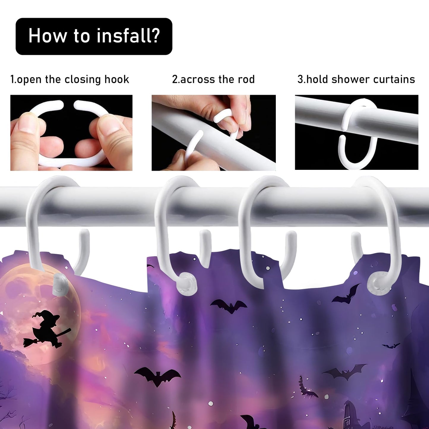 AZHM Halloween Shower Curtain, Castle Pumpkin Party Theme Shower Curtain with Rug, Witch Bat Graveyard Scary Bathroom Decor Set