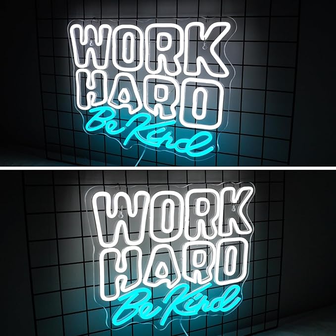 Work Hard Be Kind Neon Sign, Dimmable Neon Signs for Wall Decor, White Blue Neon Light Work Hard USB Led Sign for Office Study Room Classroom Bedroom Meeting Room Decoration