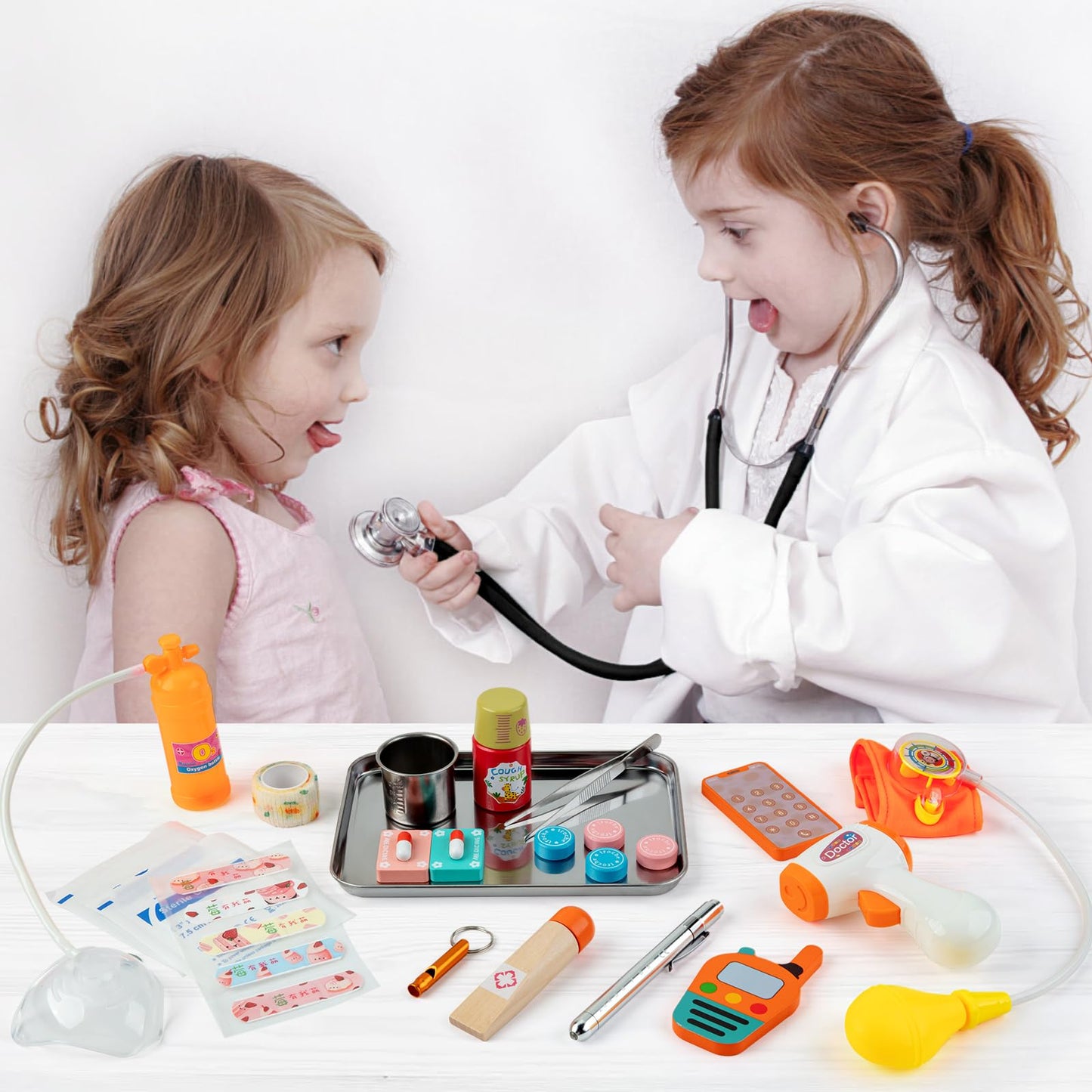EFO SHM Doctors Set for Kids, Wooden 34-piece Kids Doctors Kit, with Real Stethoscope Portable Doctors Bag and Wooden Syringe, Role Play Toys for 3 4 5 6 Year Old Girls and Boys