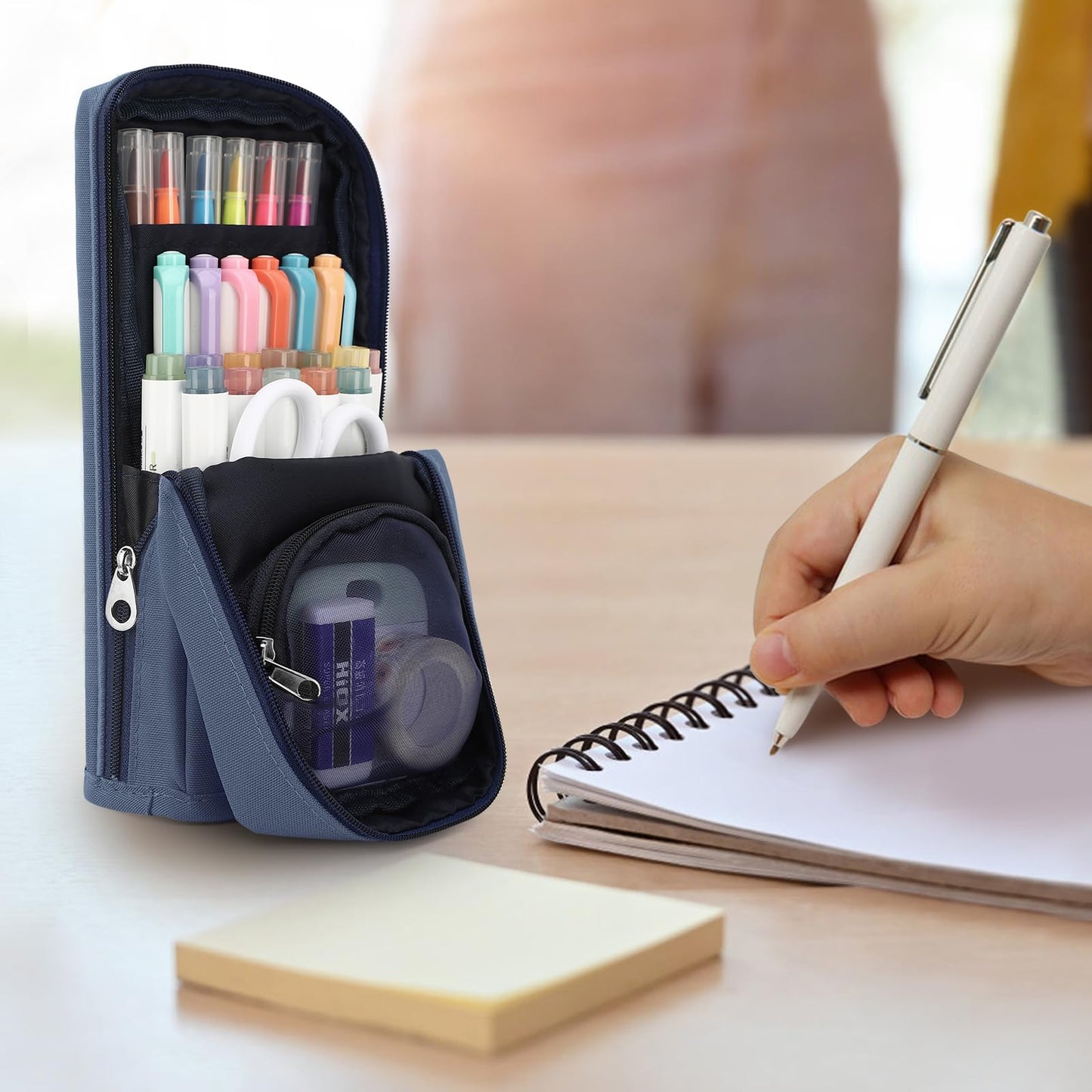 Housolution Standing Pencil Case Large Capacity Pen Bag, Multi-Layer Pen Pouch Pencil Holder Stationery Organizer, Polyester Pencil Bag Storage Box Desk Organizer, Blue