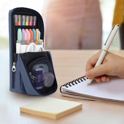 Housolution Standing Pencil Case Large Capacity Pen Bag, Multi-Layer Pen Pouch Pencil Holder Stationery Organizer, Polyester Pencil Bag Storage Box Desk Organizer, Blue