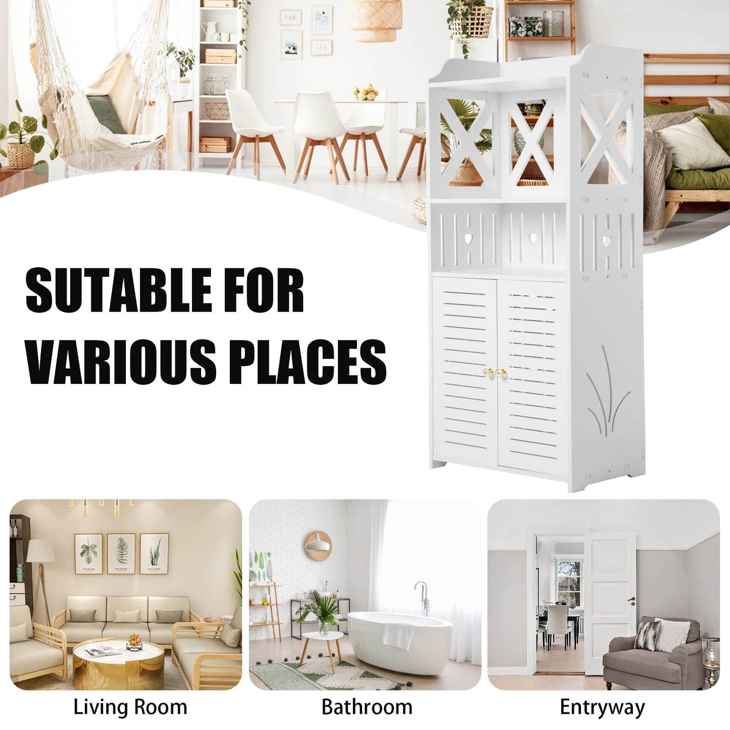 Youyijia 3 Tier Bathroom Storage Cabinet Floor Standing Display Cabinet Home Storage Furniture Organizer Unit for Office Living Room Kitchen Entryway White (3 Tier)
