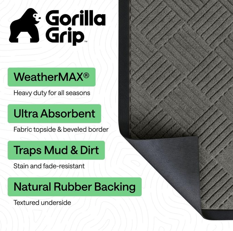 Gorilla Grip Waterproof All-Season Doormat - Natural Rubber, Stain & Fade Resistant | 29x17 Gray Diamond