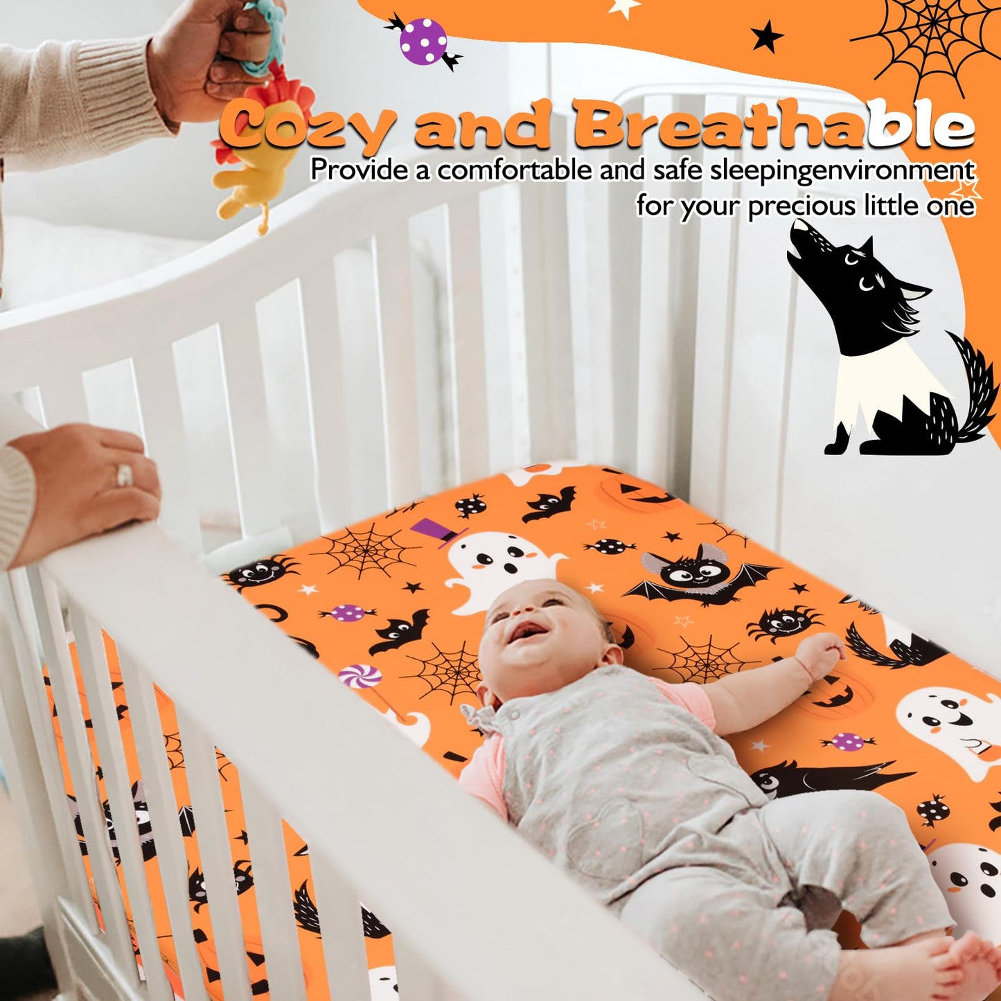 JISEN Halloween Crib Sheet Bats Fitted Crib Sheet for Boys Girls Crib Mattress Cover Baby Sheet for Standard Crib and Toddler Mattress Soft Breathable Baby Bed Sheet for Neutral 52x28 Inch Ghosts