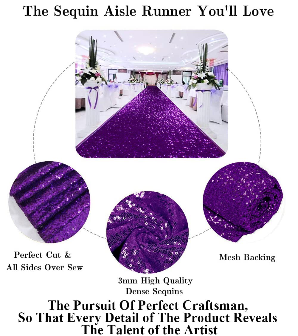 Partisout Aisle Runner for Wedding Ceremony 3FTx15FT Sequin Wedding Rug Rustic Outdoor Walkway Carpet Party Ceremony Payette Shimmer Runner (Purple)