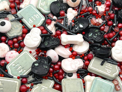 Edible Tombstones Vampire Cake Decorations Gravestone Cake Toppers Halloween Candy Skulls and Bones Bloody Candy Eyes for Decorating Black and Red Sprinkles Halloween Sprinkles 3.35 OZ with Tweezers