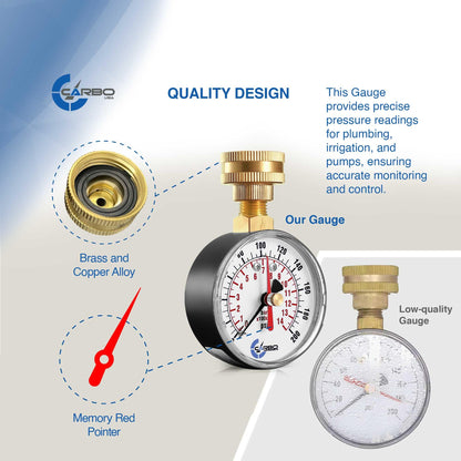 CARBO Instruments 2-1/2" Water Pressure Test Gauge, 0-200 PSI, Red Max Pointer, 3/4" Female Hose Thread, Rust-Free Corrosion-Resistant Case, Brass Connector, for Home, Garden, RV, Indoor/Outdoor