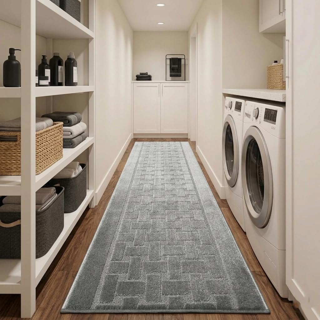 Runner Rug 12 ft, Non-Slip Washable Rug, Grey Textured Carpet for Kitchen Hallway Entryway, Rubber Backing, Indoor, Rolled in Box (26" x 12'), Custom Size Floor Runner