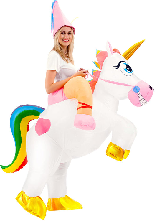 Spooktacular Creations Inflatable Costume Adult, Riding a Unicorn Blow-up Deluxe Halloween Costume with Hat for Halloween Dress Up Parties, White, X-Large(71In)