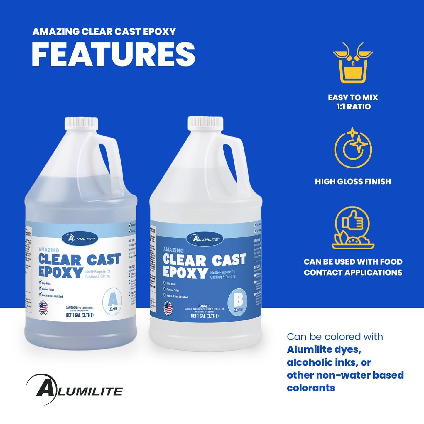 Alumilite Amazing Clear Cast Epoxy Resin Kit (2 Gal) Food Safe, Crystal Clear, High-Gloss Finish – Perfect for Countertops, Encapsulation, Coatings, Castings, Jewelry, Art, and Other DIY Projects