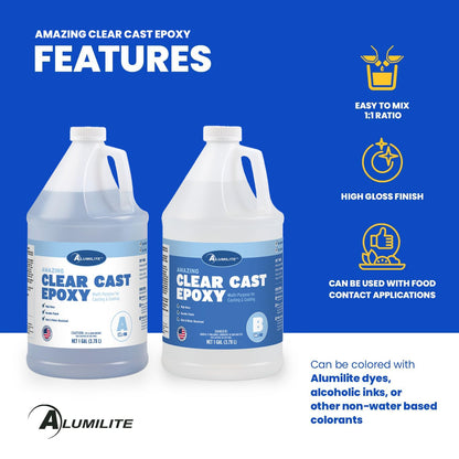 Alumilite Amazing Clear Cast Epoxy Resin Kit (2 Gal) Food Safe, Crystal Clear, High-Gloss Finish – Perfect for Countertops, Encapsulation, Coatings, Castings, Jewelry, Art, and Other DIY Projects