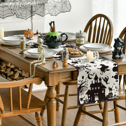 Artoid Mode Black White Spooky Haunted House Tree Ghost Witch Halloween Table Runner, Fall Kitchen Dining Table Decoration for Home Party Decor 13x72 Inch