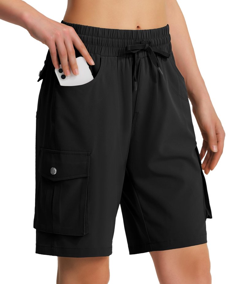 Hugut Women's 9" Hiking Cargo Shorts Quick Dry Lightweight Summer Shorts for Camping Travel Golf 6 Pockets Black