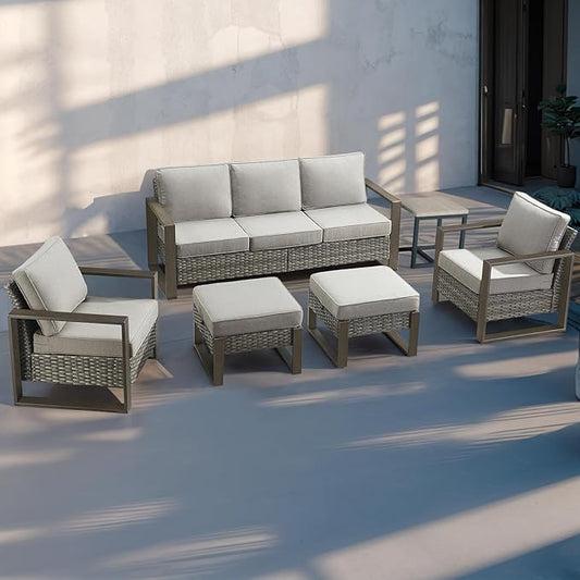 Outdoor Wicker Patio Furniture Set - 6 Piece Patio Conversation Set with 2 Wicker Armrest Chairs,2 Rattan Ottoman,1 Side Table and 1 Couch,Sturdy Frame,Thick Cushions,Deep Seating(Mixed Grey/Grey)
