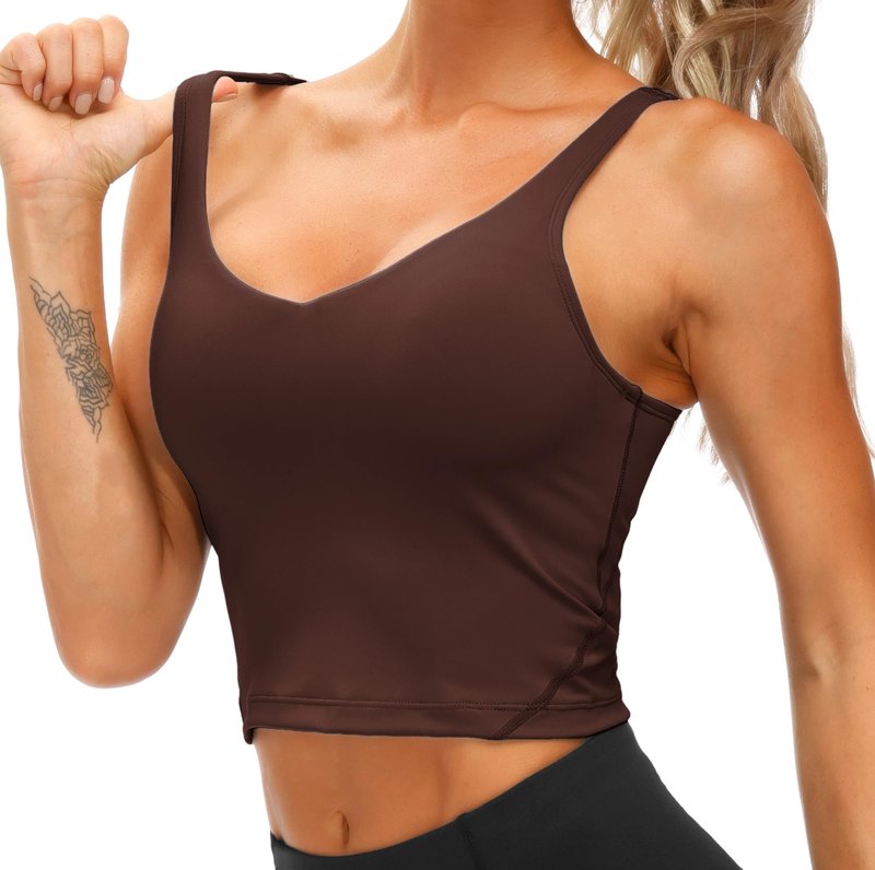 Women’s Longline Sports Bra Wirefree Padded Medium Support Yoga Bras Gym Running Workout Tank Tops Red Brown