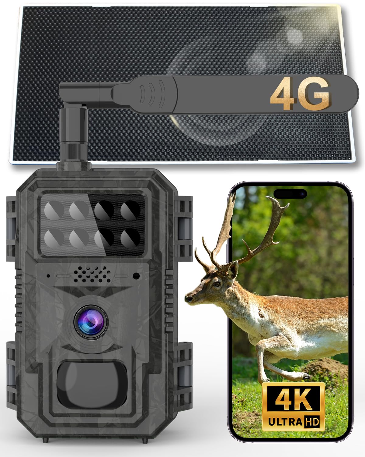Vatony 4G Cellular Trail Camera-with 4K 48MP Wide Angle 120 Degree,Night Vision up to 100FT, Solar Powered Hunting Camera with SD Storage, IP68 Waterproof, Motion Activated Wildlife Camera