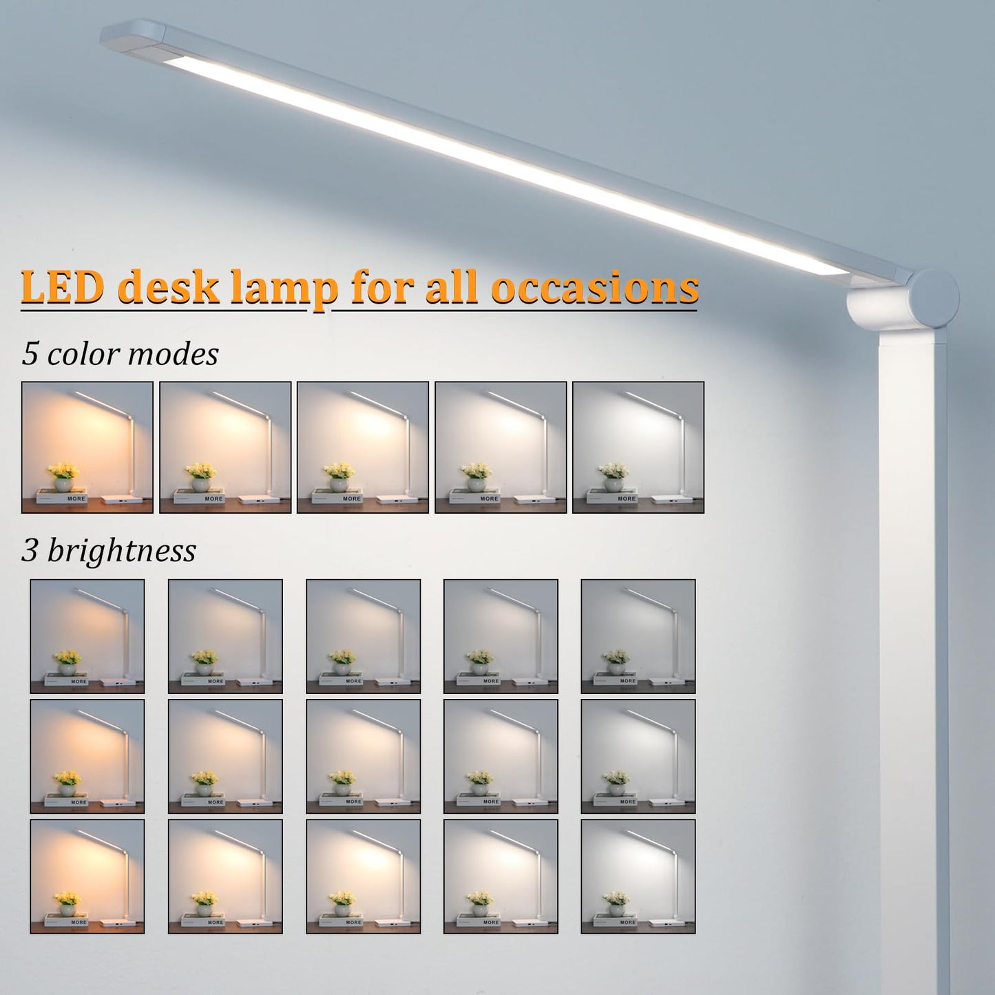 LED Desk Lamp with USB Ports,Touch Desk Lamps for Home Office with 5 Color Modes,3 Brightness Desk Light with Small Night Light,Reading Lamp Table Lamp for Bedroom Bedside Study Black （with adapter）