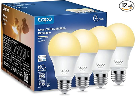 Tapo TP-Link Smart Light Bulbs, 800 Lumens (60W Equivalent), 2700K Soft Warm White LED Bulb, Dimmable, Compatible with Alexa and Google Home, No Hub Required, A19 E26, L510E (Pack of 48)