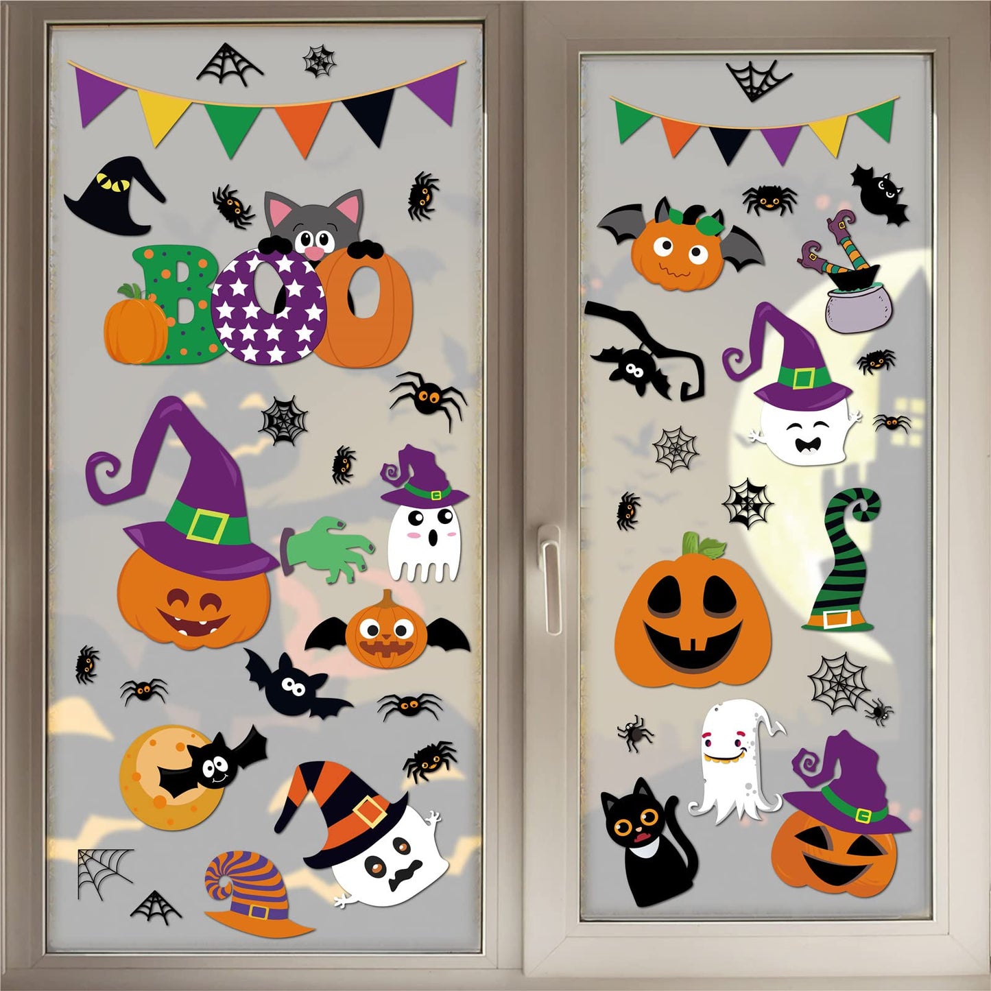 232 Pcs Halloween Decorations Window Clings Decals, 10 Sheet Large Halloween Black Spiders/Cute Pumpkins Stickers Decorations, Halloween Window Stickers for Kids/School/Home/Office Supplies