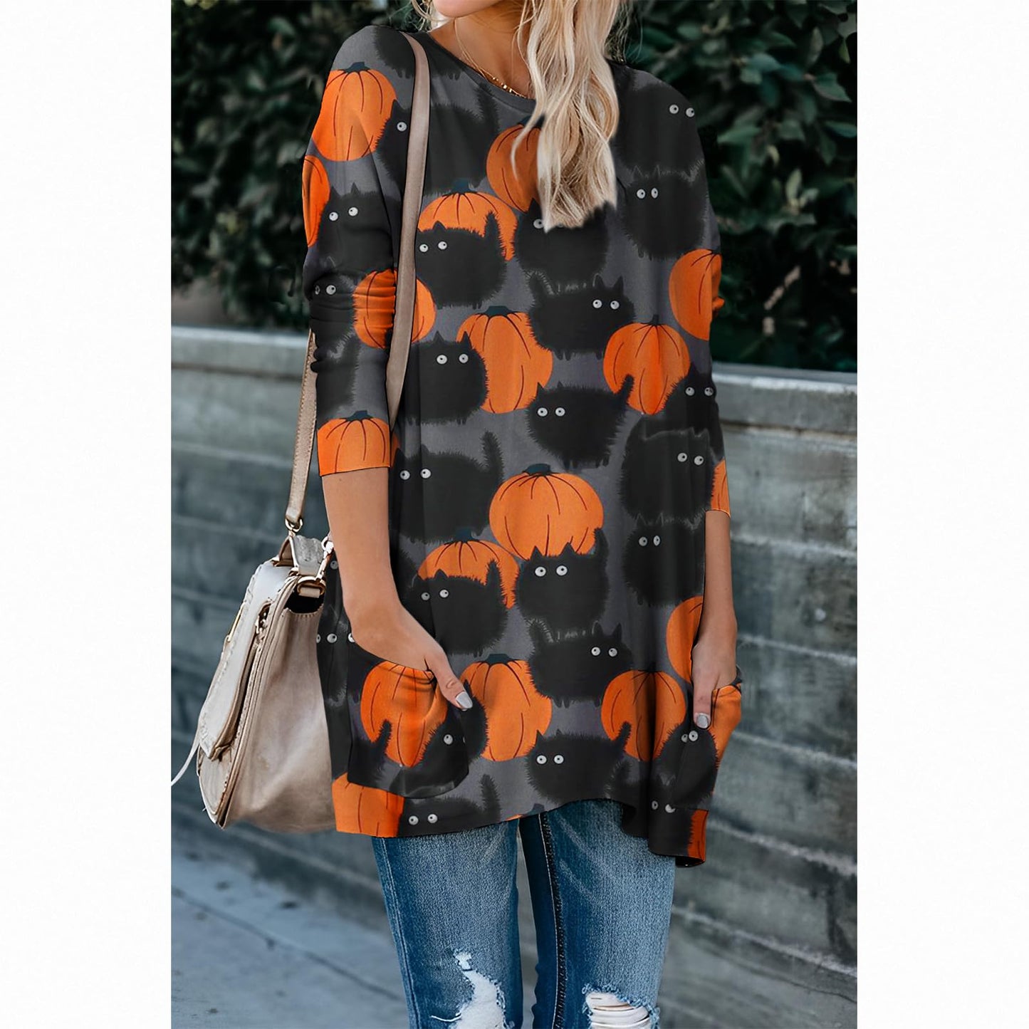 BOUTIKOME Womens Halloween Pumpkin Sweatshirt Black Cat Long Sleeve Crewneck Pullover Shirts with Pocket Tunic Tops (Dark Grey, X-Large)