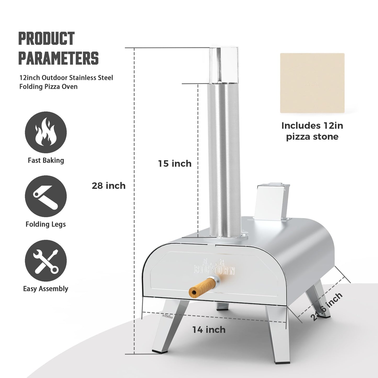 BIG HORN OUTDOORS Pizza Ovens Wood Pellet 12” Pizza Oven Cooking Pizza Maker Portable Stainless Steel Pizza Grill, Silver Portable Party use