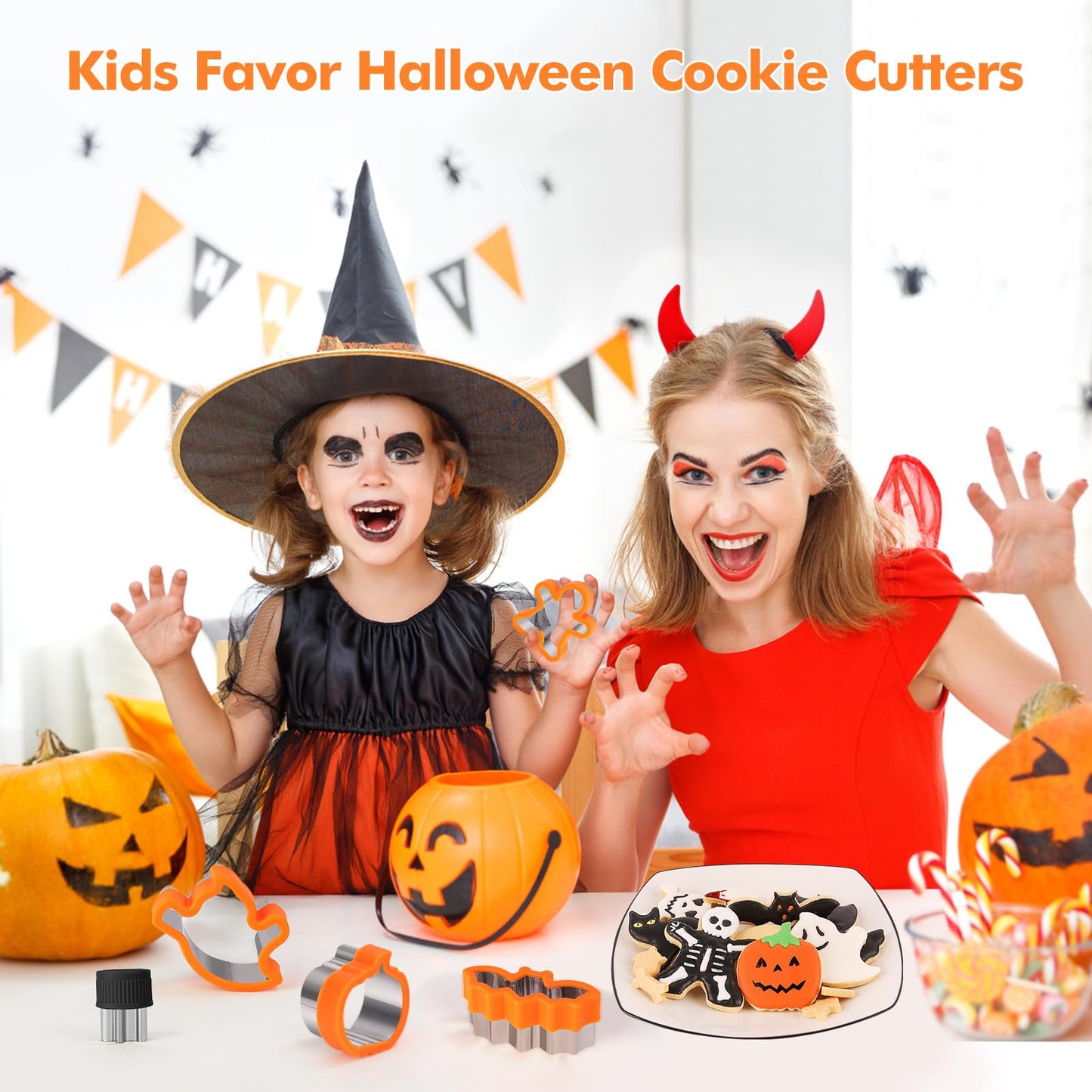 NPET 10Pcs Halloween Cookie Cutters for Kids Lunch, DIY Uncrustable Kids Lunch Sandwich Cutters Peanut Butter & Jelly Halloween Cookie Cutter Gifts Press for Boys Girls Orange