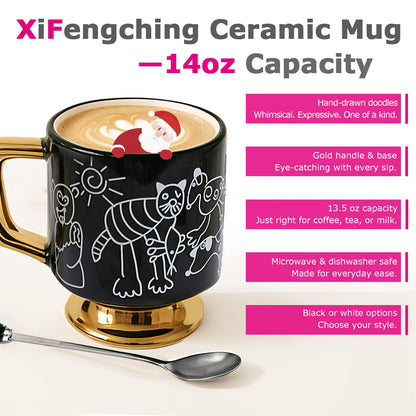 xifengching Christmas Mugs Whimsical Animal Ceramic fun Coffee Mug – 14oz Childlike Hand-Drawn Cat, Dog & Bear Design – Cute gothic Coffee Cup Gift for Women, Girls, Kids (Black)
