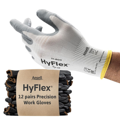 Ansell HyFlex 11-800 Professional Work Gloves, Abrasion Resistant Nitrile Coating with Firm Grip, Multipurpose Protection Gloves, Mechanical and Industrial Safety, White, Size M (12 Pairs)