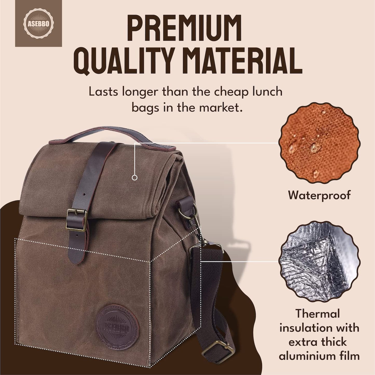 ASEBBO Insulated Lunch Bag 10L Sturdy Waxed Canvas Lunch Box for Men and Women, Leakproof Insulated Cooler Bag for Work Picnic Hiking, Lunchbox for Adults with Shoulder Strap (Brown)