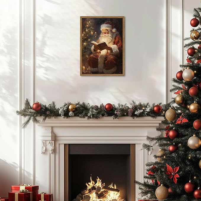 Framed Vintage Christmas Canvas Wall Art, Santa Claus Reading Book Paintings Wall Decor, Rustic Winter Holiday Pictures Prints for Living Room Bedroom Home Decoration 8×10 inch