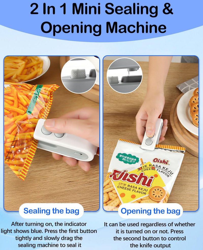 3-in-1 Mini Bag Sealer with Cutter and Magnet,Rechargeable Handheld Bag Sealer,Portable Heat Sealer for Heavy-Duty Plastic Snack & Chip Bags, Food Saver, Kitchen Storage
