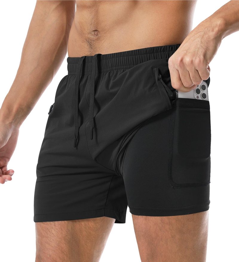 Aolesy Men's 2 in 1 Running Shorts 5 Inch Quick Dry Gym Workout Shorts with Zipper Pockets Lightweight Training Athletic Shorts for Men Khaki