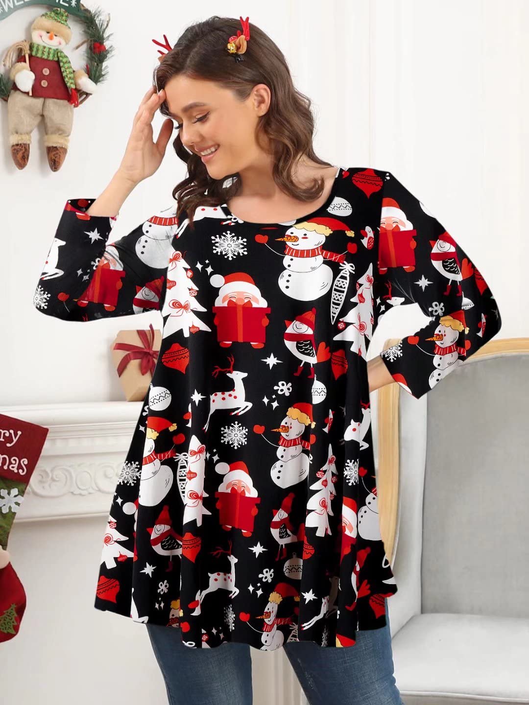 LARACE Ugly Christmas Shirts for Womens Plus Size Dressy Tops 3/4 Sleeve Ladies Tunic Loose Fit Casual Basic Clothes(3X, Flower47)