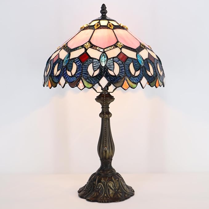 Tiffany Lamp Pink Stained Glass Table Lamp Bedside Reading Light W12H19 Inches (Pink Baroque Style)