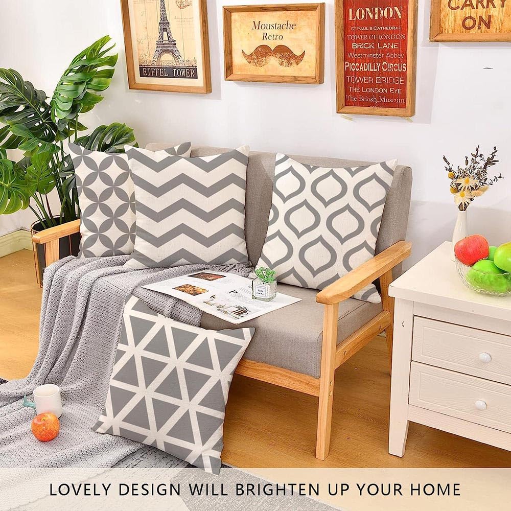 Hangood Waterproof Cushion Covers Outdoor Garden Geometry Set of 4pcs Throw Pillow Case Home Decorative Sofa Protectors Chair Living Room Grey 18"x18"
