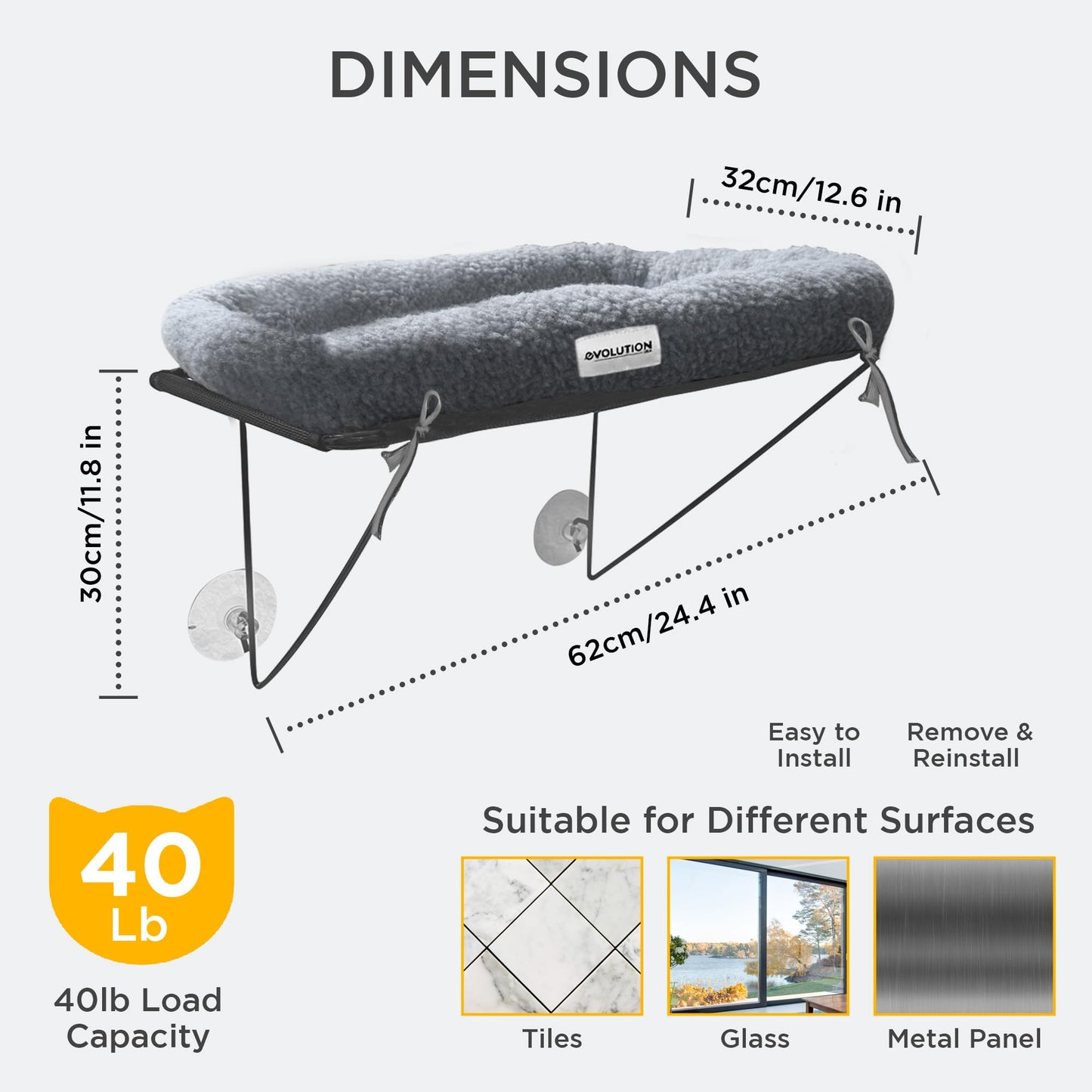 EvolutionUSA Cat Window Perch, Durable Feline Bed, Comfy Perch for 360 Views, Durable Elevated Pet Lounger, Ideal Cat Window Hammock for Large Cats, Heavy Duty, Large Size 24.4x12.6 in